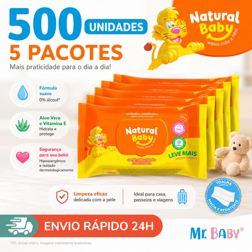 Kit com 5 Pacotes de Lenços Umedecidos Natural Baby 500 Unidades