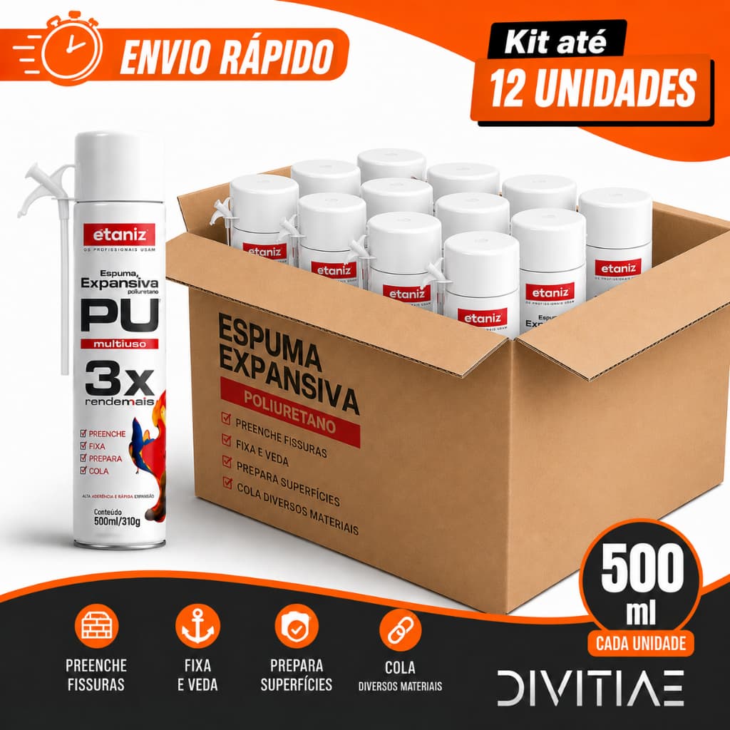 Kit até 12 Unidades Espuma Expansiva Poliuretano 500Ml Com Aplicador Profissional (12 a 02un)