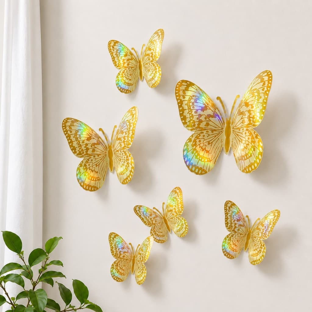 12 Borboletas holográfico 3D Decorativas Adesivas Decoração Parede Enfeite Arranjo Dourada