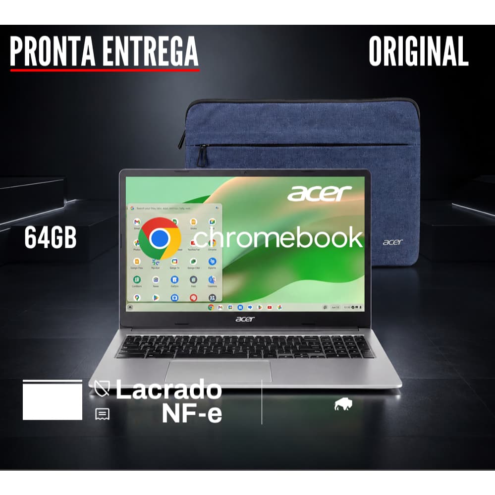 Chromebook Acer 315 15.6" Full HD intel DDR4 Wi-Fi 6 webcam 64GB + bolsa proteção
