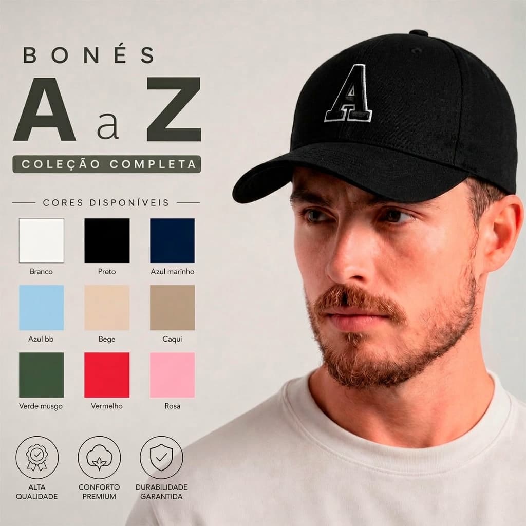 Boné Branco Letra A a Z Unissex Algodão Premium Regulável Estilo Casual Moda Urbana Dia a Dia