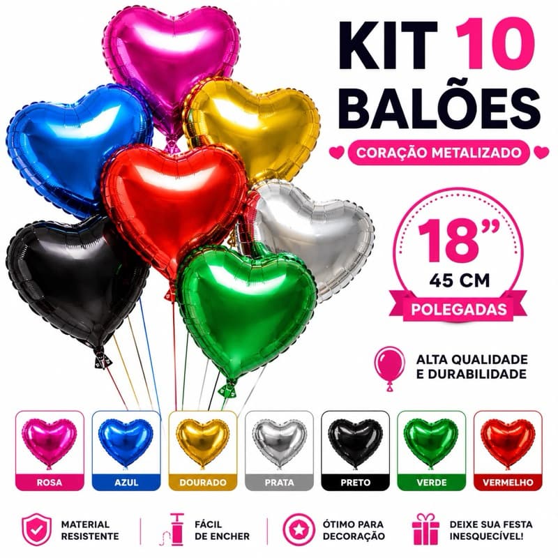 10 Balões Coração Metalizado 18 Polegadas 45cm