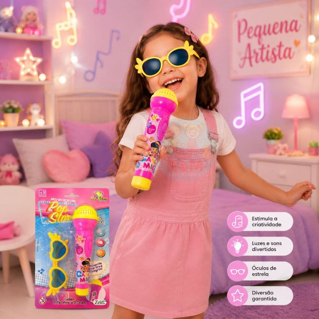 Brinquedo Microfone Musical Infantil Karaokê Rosa Menina