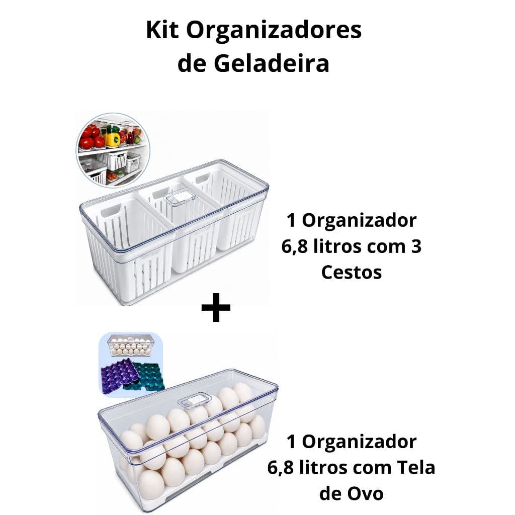 Kit 2 Peças Organizador de Geladeira Clear 6,8L com Tampa - com Tela de Ovo e com 3 Cestos