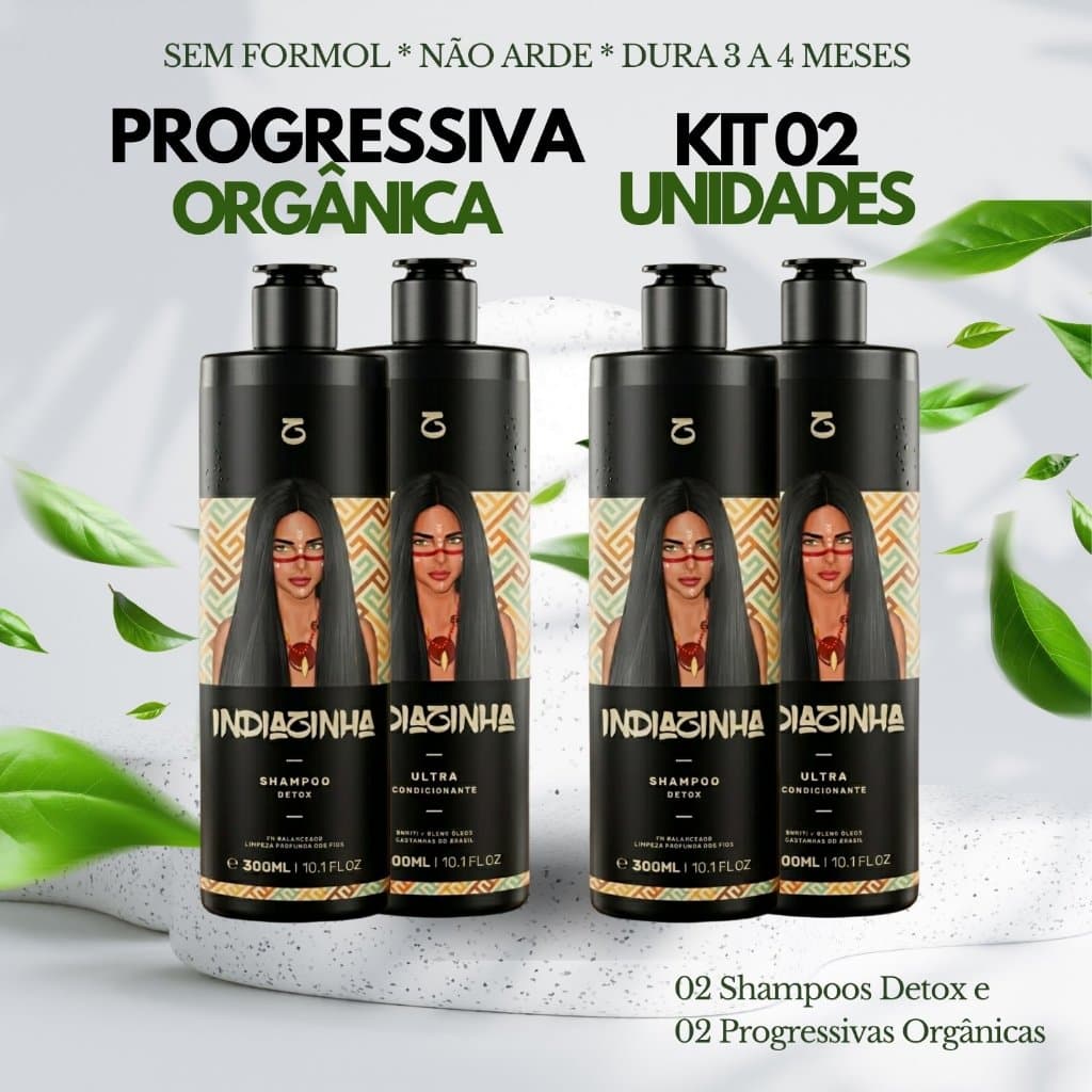 Kit 02 Escovas Progressivas Orgânica Sem Formol Indiazinha Profissional Sem Cheiro Não Arde - 4x300ml