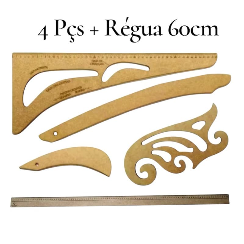 Kit Régua Costura Modelista Profissional 4pçs Mdf + Régua 60cm