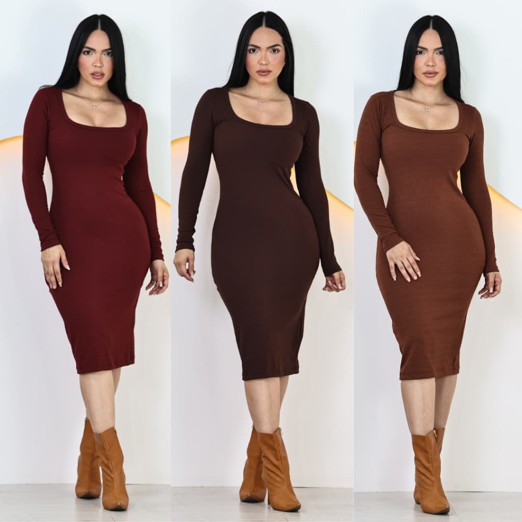 Vestido Midi Decote Quadrado Elegante Manga Longa Canelado Texturizado Tubinho Feminino P ao EXG