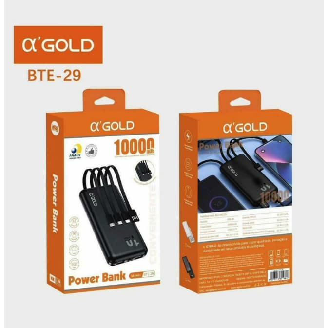 Carregador Portátil Power Bank 10000 mAh A'Gold BTE-29 Com 4 Cabos Embutidos