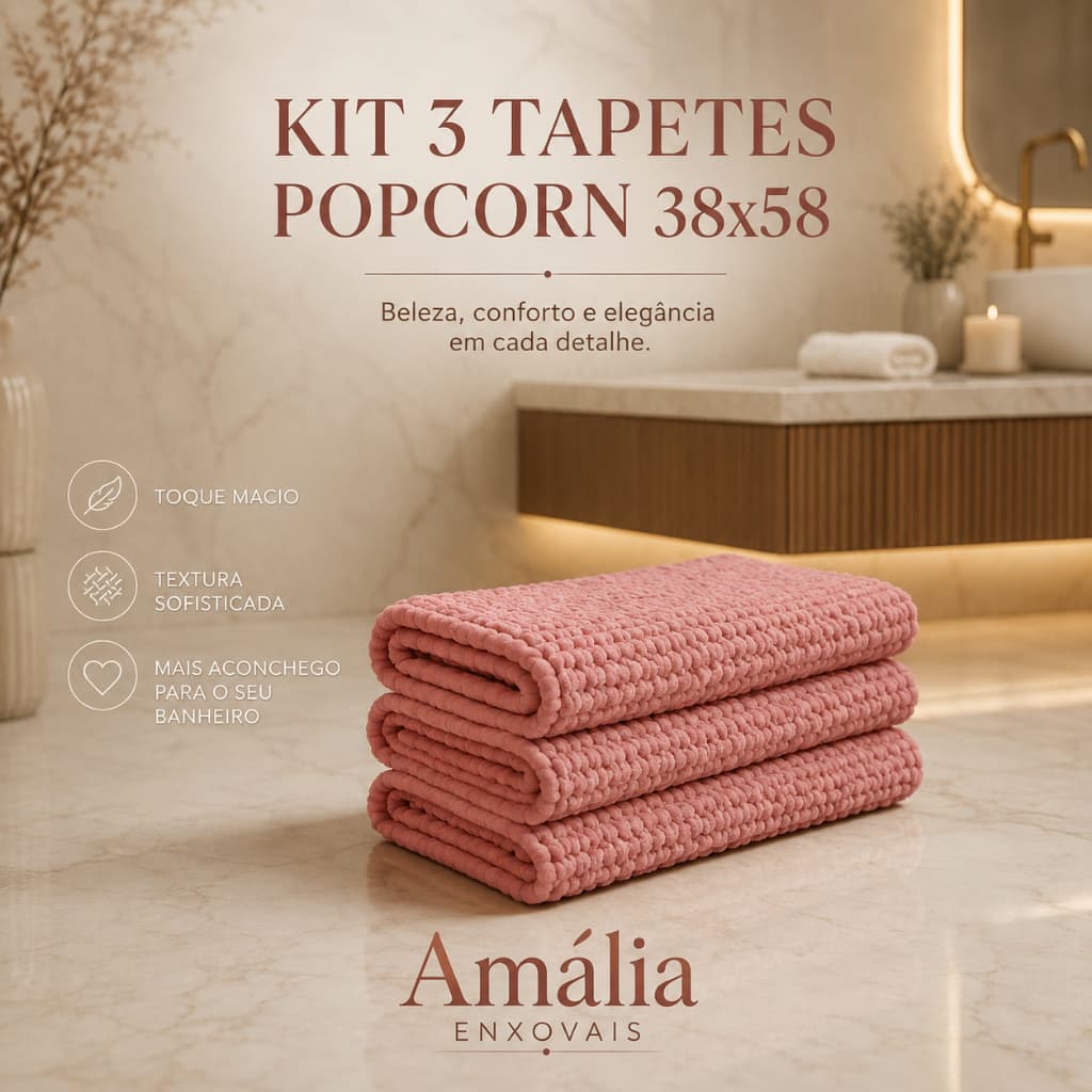 Kit 3 Tapetes Banheiro Chenille Popcorn Antiderrapante Macio Absorvente Lavável Microfibra Várias Cores 38x58
