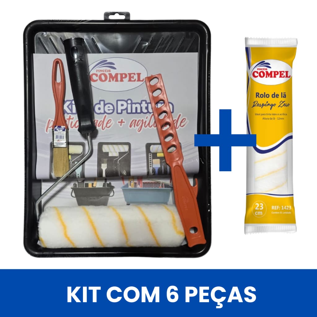 Kit Pintura 6 Peças Respingo Zero Inclui Rolo 23cm c/ Suporte + Rolo Refil 23cm + Bandeja Grande + Pincel 1" + mexedor