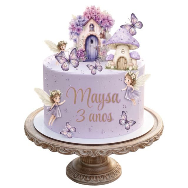 Topo de Bolo Jardim das Fadas Lilás Topper Personalizado Nome e Idade