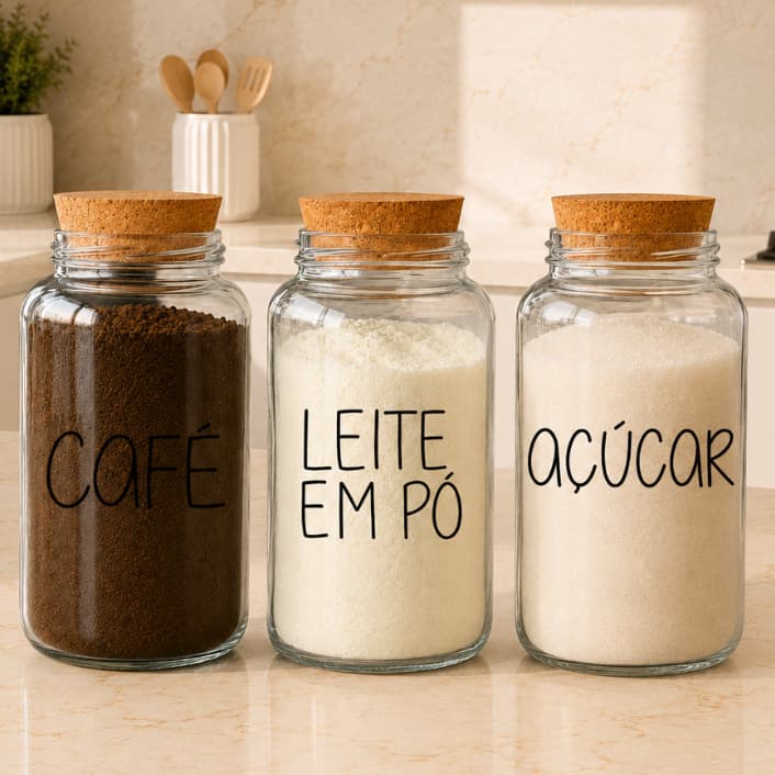 Kit Cantinho do Café 3 Potes de Vidro 810ml | Tampa de Cortiça | Café Açúcar Leite em Pó | Decoração Cozinha