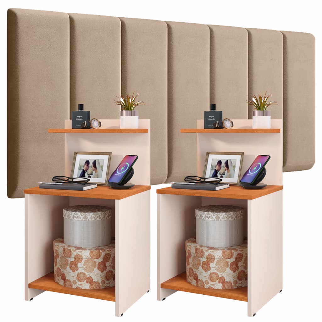 Conjunto 2 Mesinha Quarto Criado Fantasy + Cabeceira Cama Luxo 1,40cm / 160cm Modulado Dupla Face