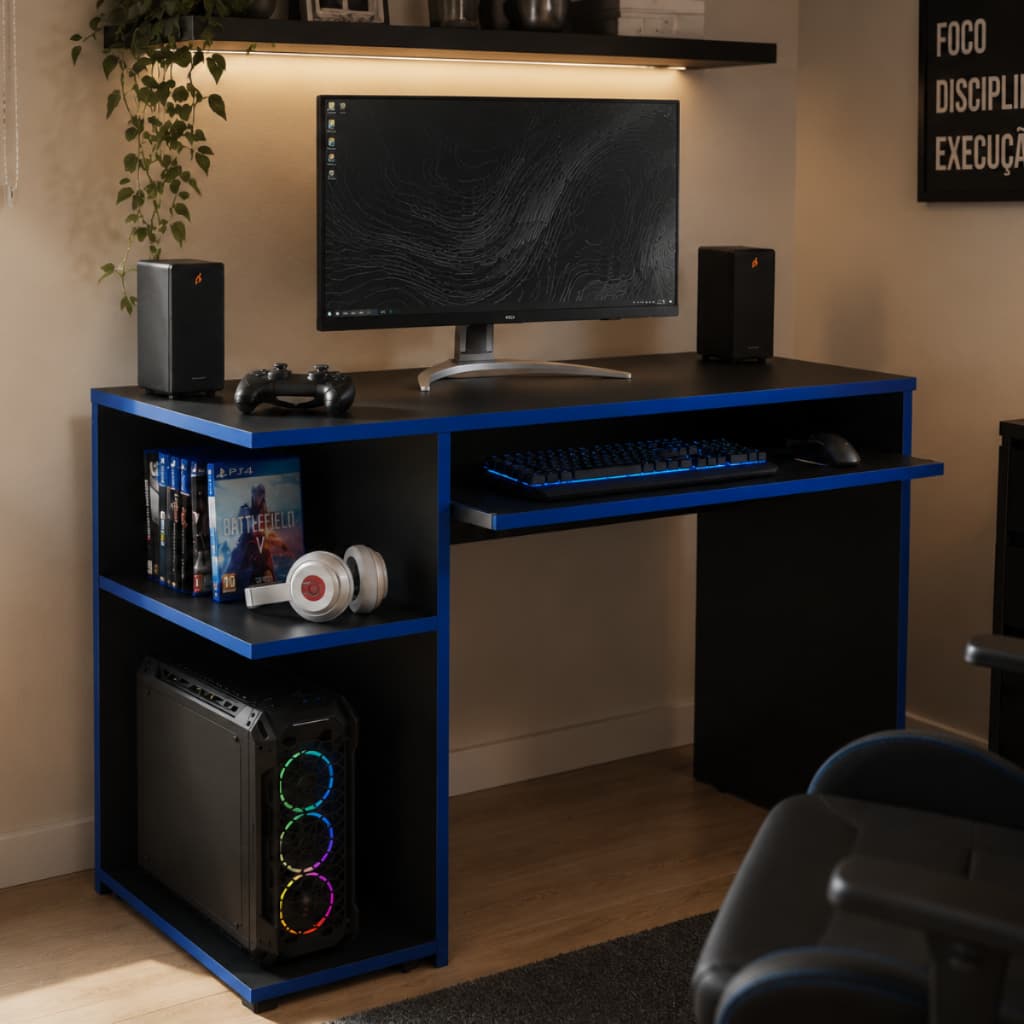 Mesa Gamer Preta c/ Bordas Azul Escrivaninha Mesa De Computador