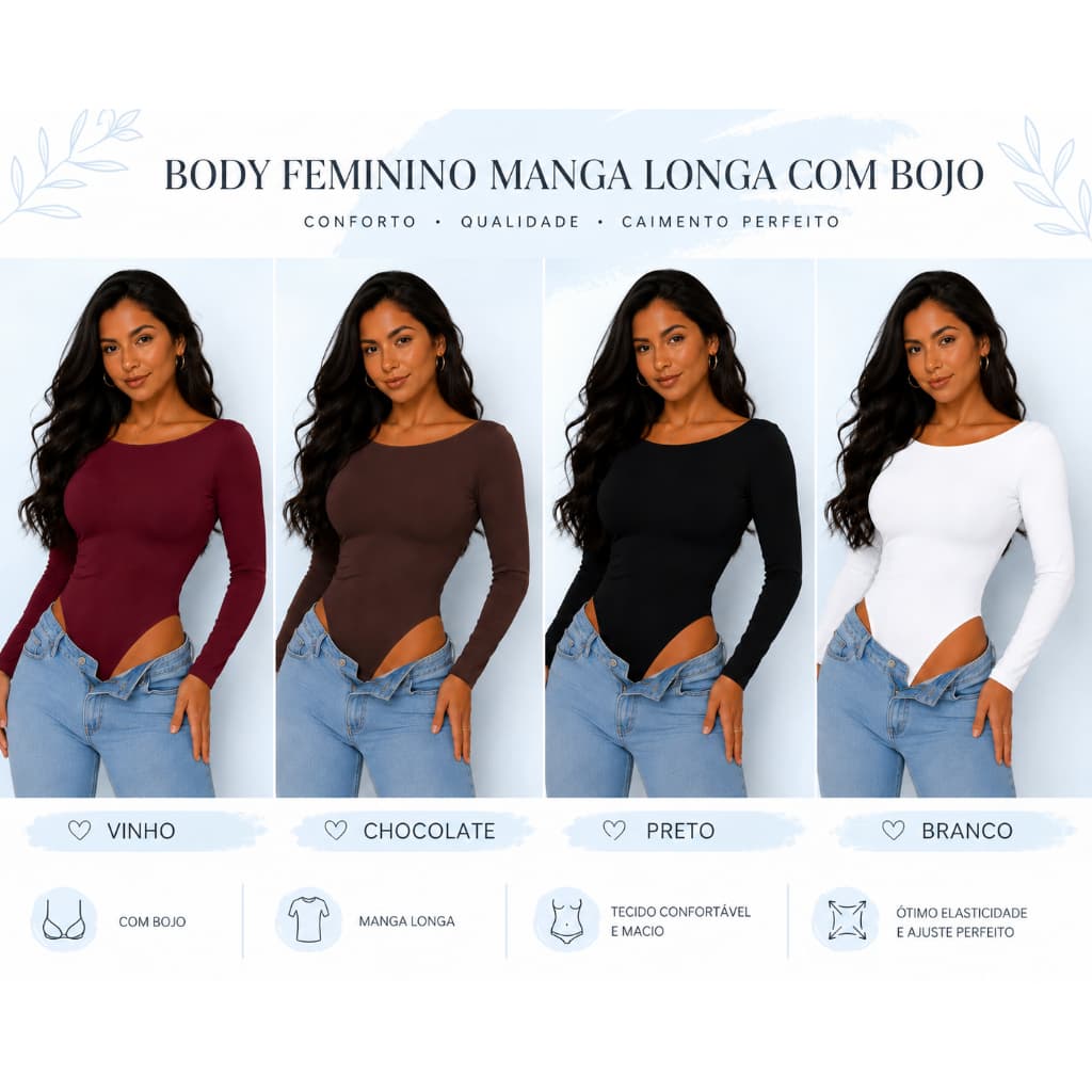 Body Feminino Manga Longa Com Bojo Decote Costas Tamanho Único 36 ao 44 Casual Social