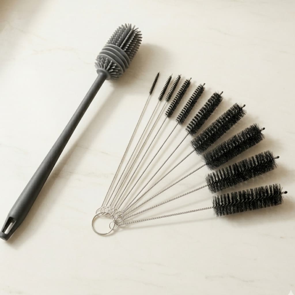 Kit 11 Escovas Limpeza Garrafa Mamadeira Canudo Copo Jarra Silicone e Açox Inox