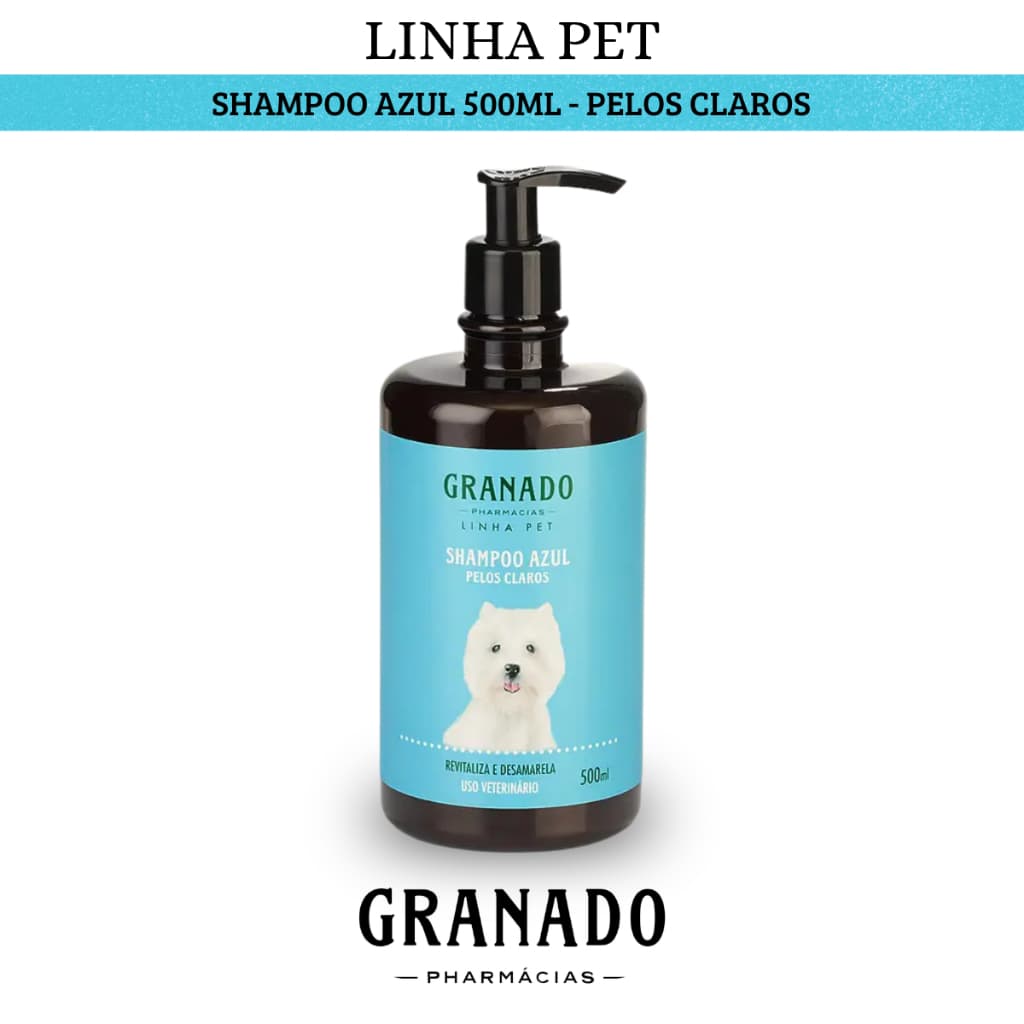 Shampoo Azul Granado Linha Pet Pelos Claros 500ml Cães Cachorros Gatos Hidratação Brilho Revitaliza