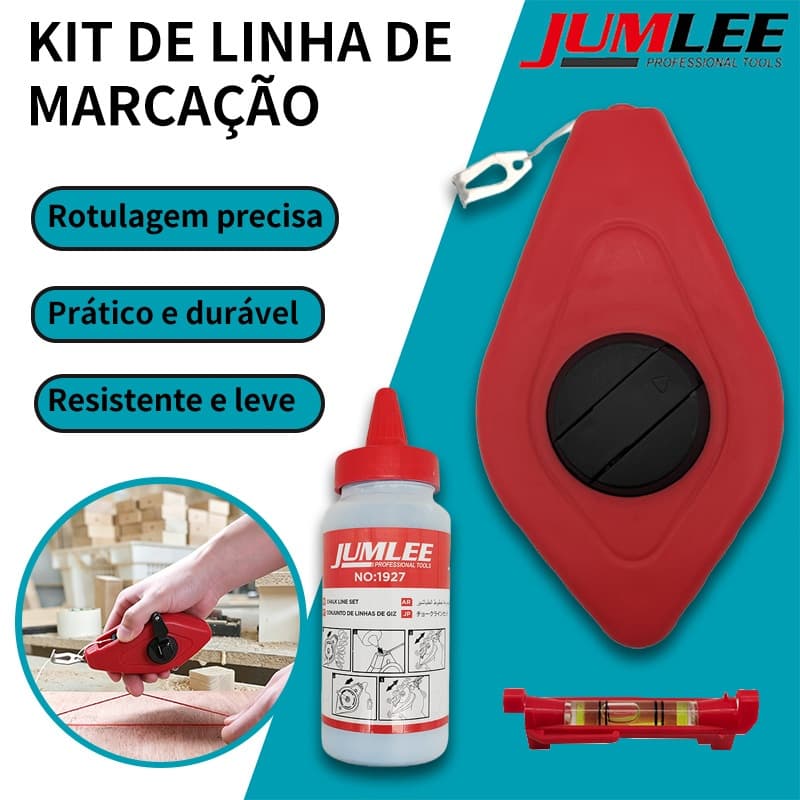 Kit Marcador Linha de Giz Profissional 30M com Nível de Bolha e Pó Giz Azul Carretel de Linha Pedreiro