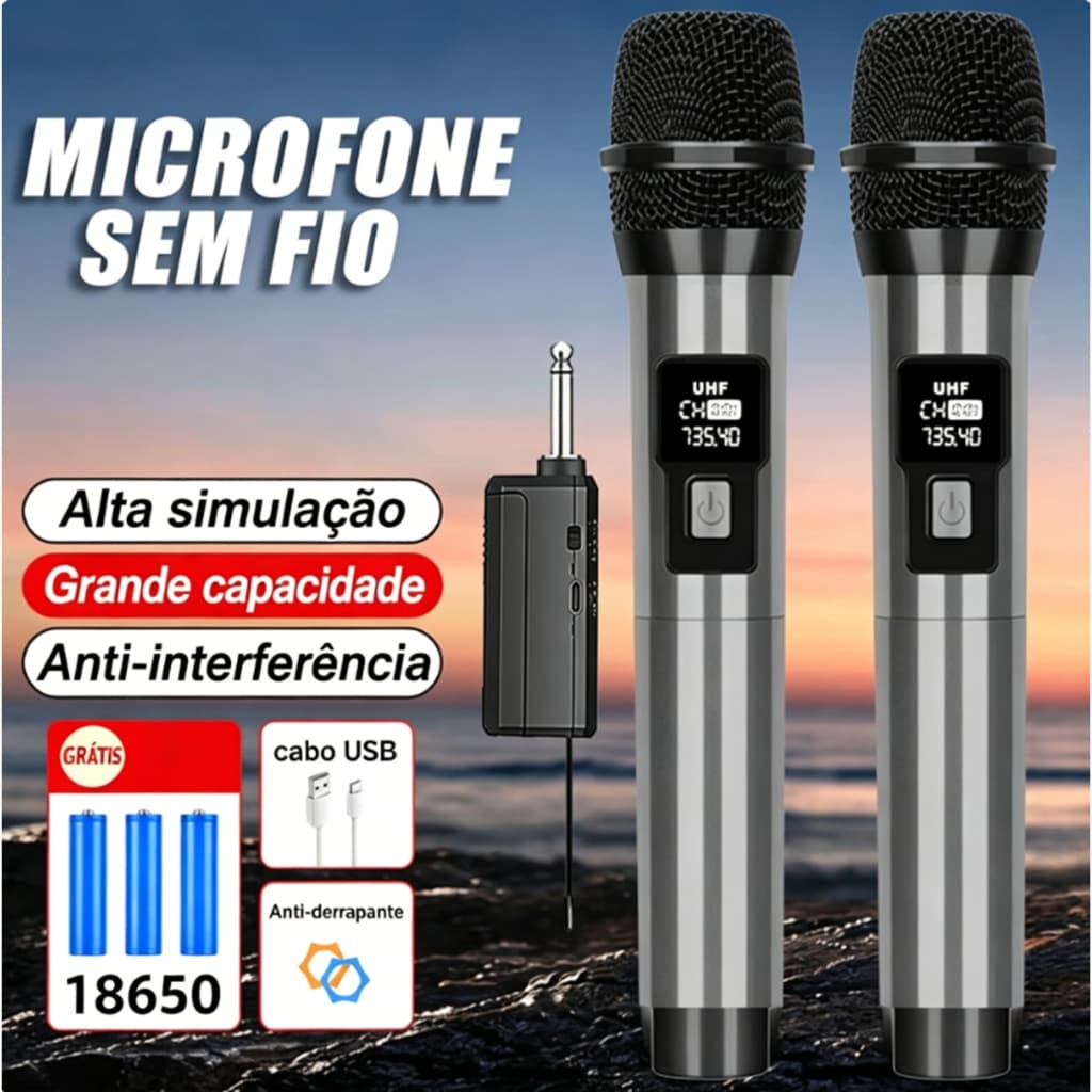 Kit 2 Microfones Sem Fio UHF Profissional Recarregável para Karaoke, Palestras e Shows Com Receptor