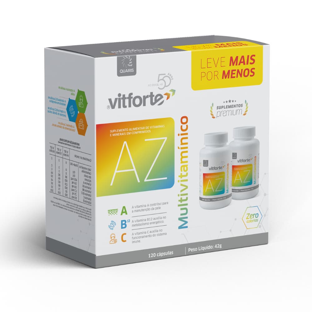 KIT PROMOCIONAL Vitforte A-Z Multivitamínico Completo Vitaminas e Minerais Quelatos Energia 60 Cápsulas 4 Meses de Uso
