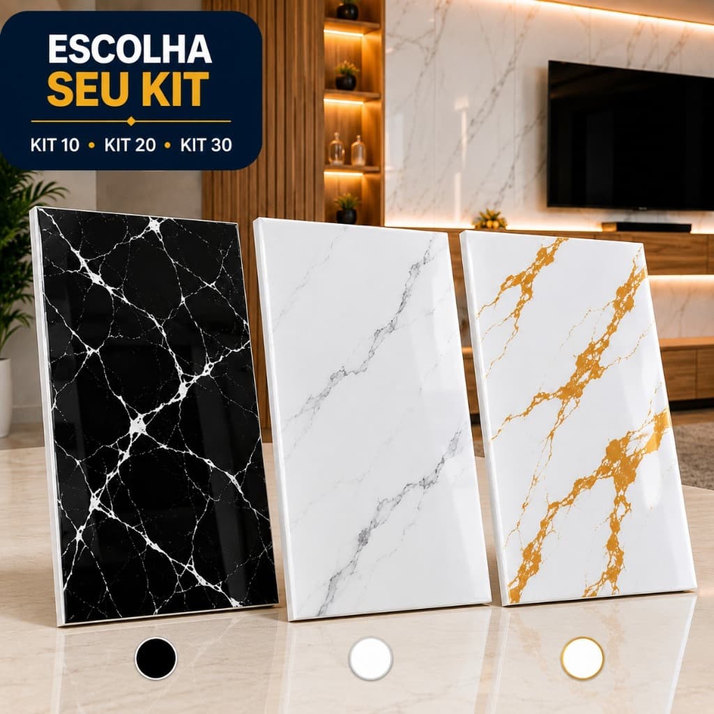 Kit 10/20/30 Placas Adesivas 3d Mármore de Parede Branco Preto e Dourado Lavável Realista 30cmx60cm