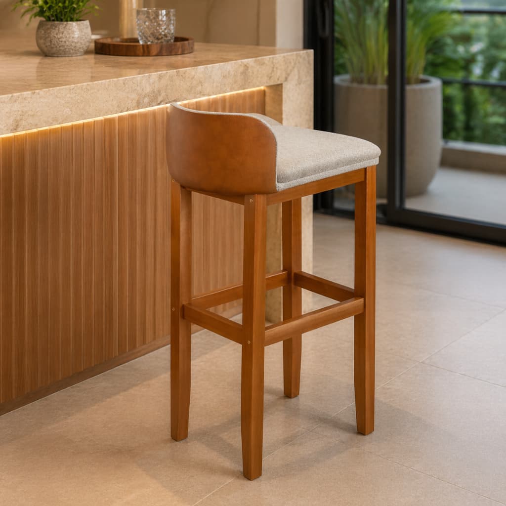 Banqueta Onix Alta Estofada para Área Gourmet e Cozinha Pés Madeira Maciça