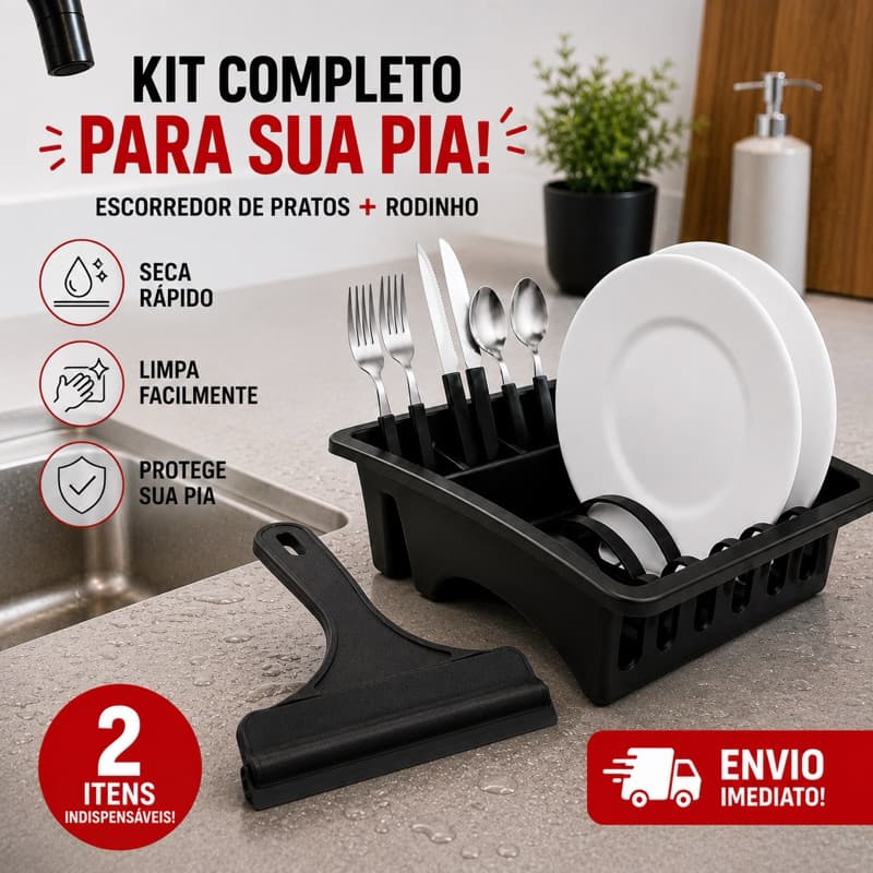 Kit Escorredor de Pratos + Rodinho de Pia – Organização da Cozinha e Secagem Rápida