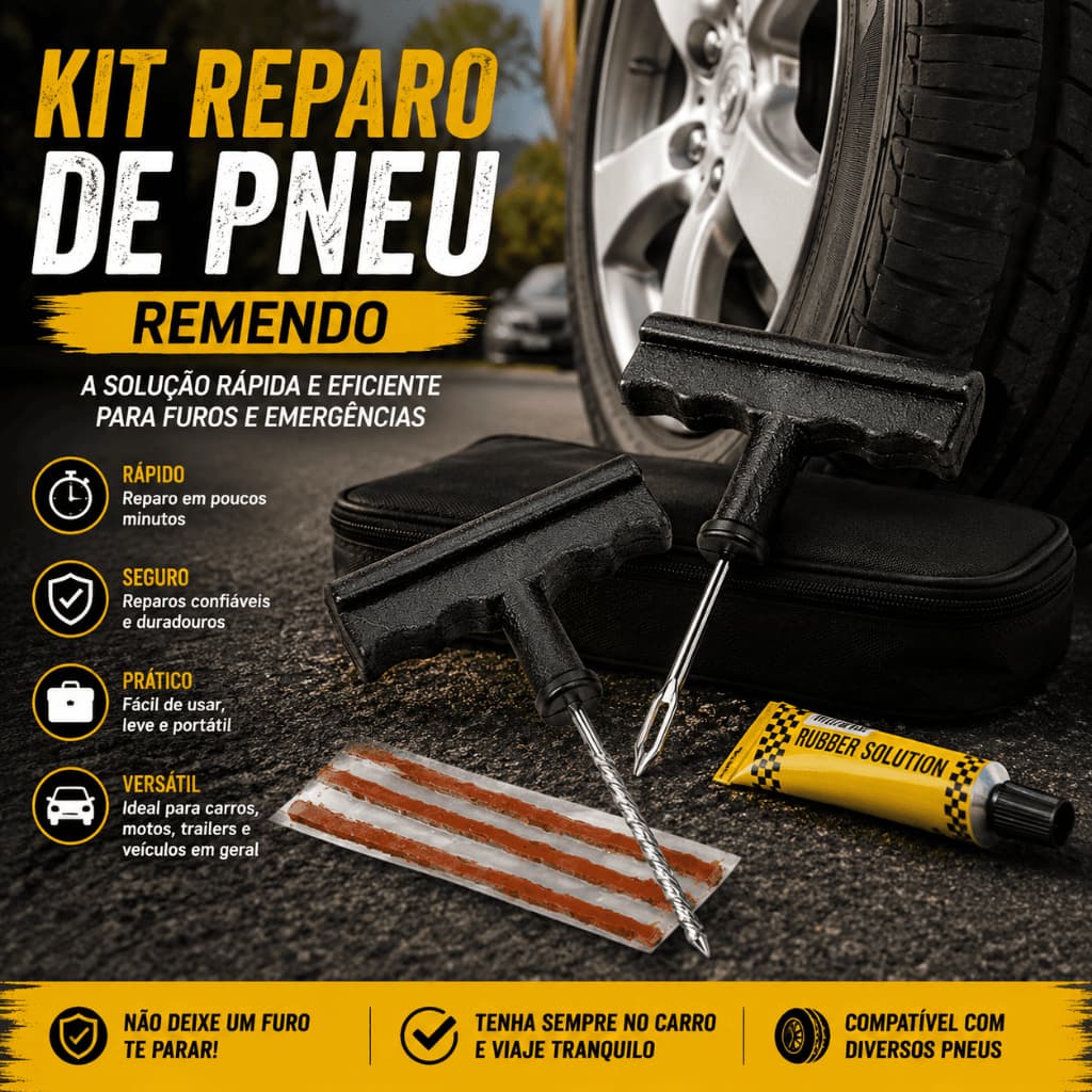 Kit Reparo Pneu Carro Moto Bicicleta Com Macarrão Cola Escariador E Aplicador