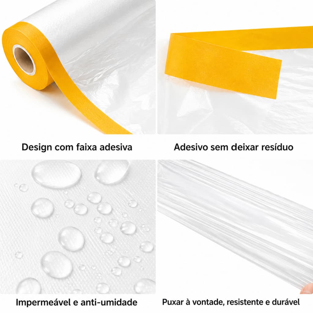 Filme Plástico Profissional Com Fita Crepe Transparente Mascaramento Protege Cobre Tudo Pintura Obra - Vários Tamanhos