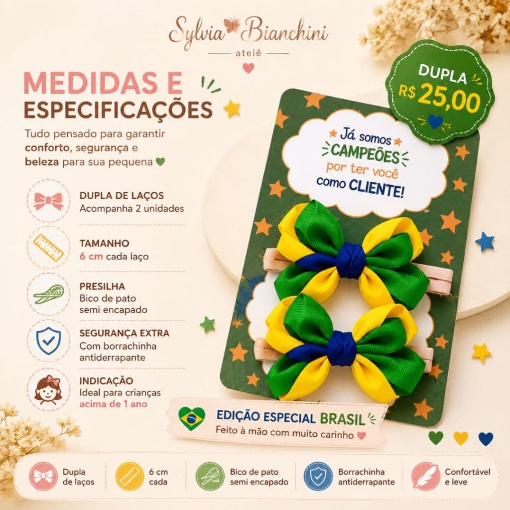 Laço Copa do Mundo Brasil Verde e Amarelo Infantil | Par de Laços 6cm Bico de Pato