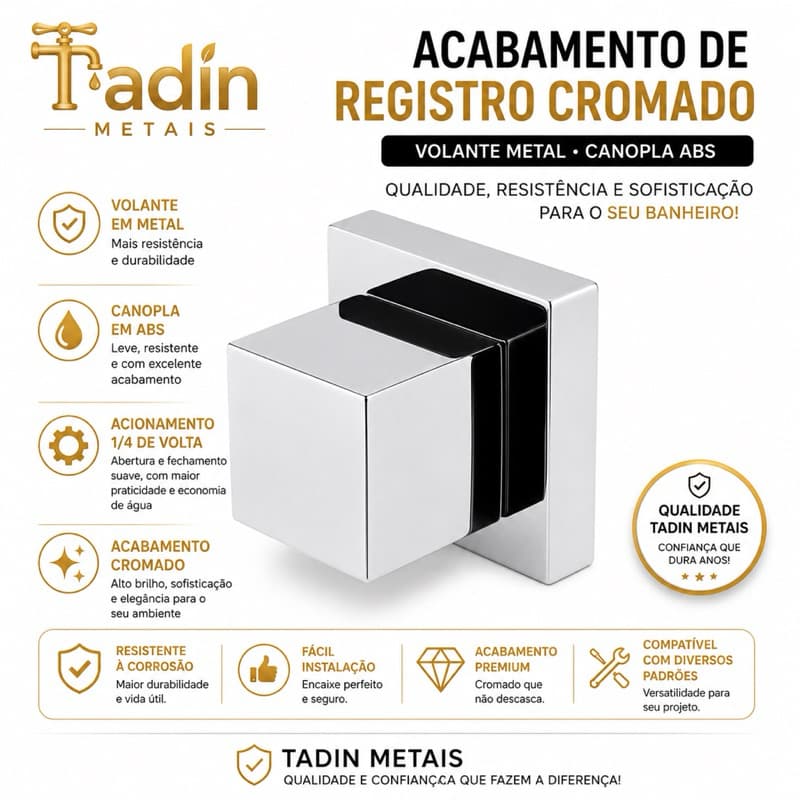 Acabamento de Registro Quadrado Cromado – Compatível com Registro Deca 16 Estrias