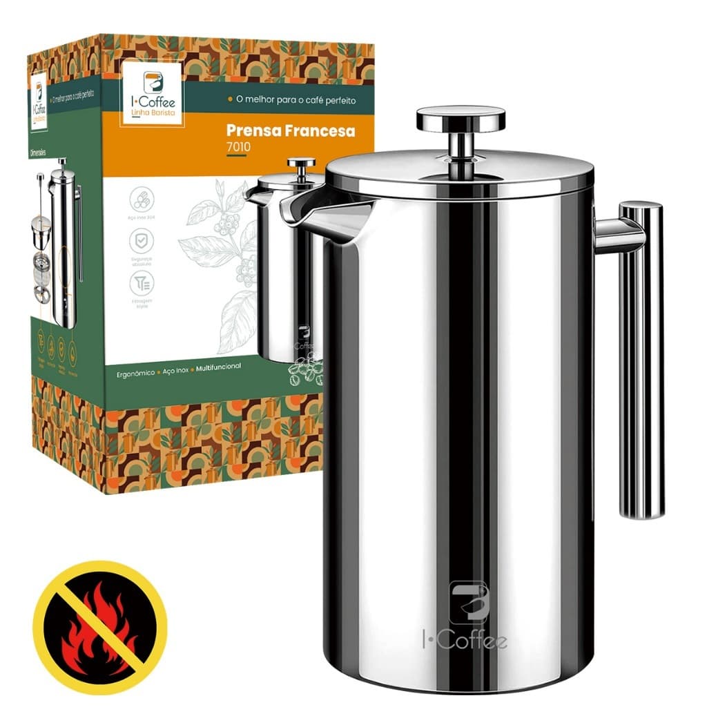 Icoffee Cafeteira de Prensa Francesa de Aço Inoxidável de 700ml com Filtro de 4 Estágios e Isolamento Duplo