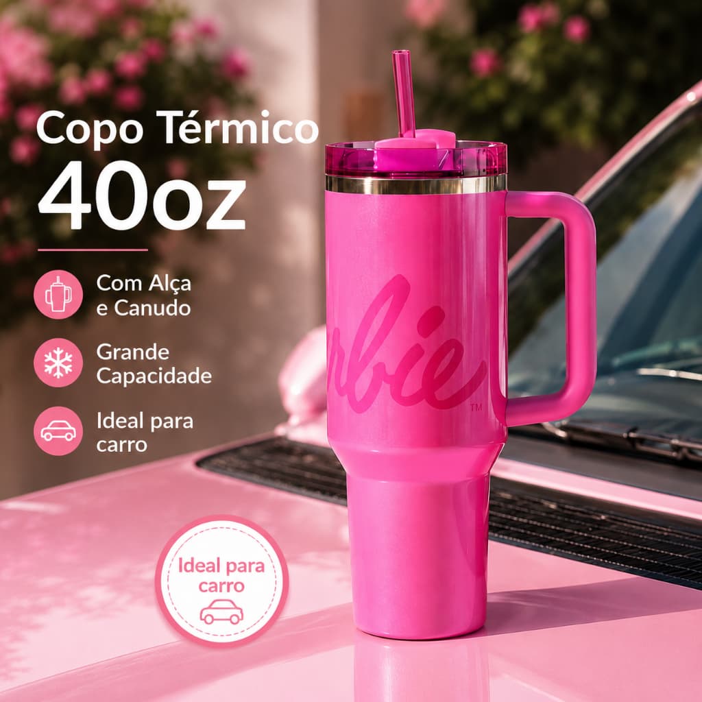 Copo Térmico 40oz Rosa com Alça e Canudo Tampa Antivazamento Inox para Carro Academia