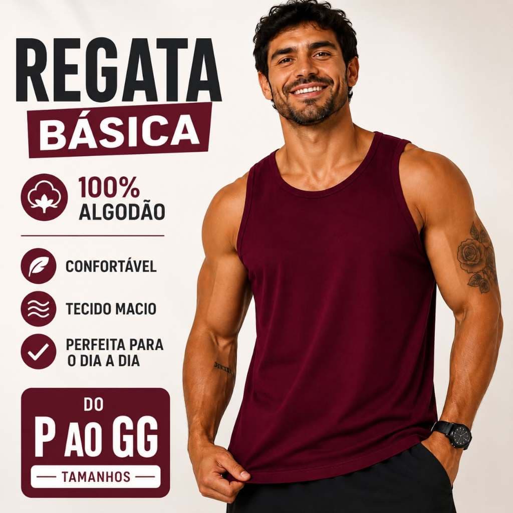 REGATA BÁSICA MASCULINA PREMIUM 100% ALGODÃO CONFORTÁVEL TECIDO MACIO ACADEMIA