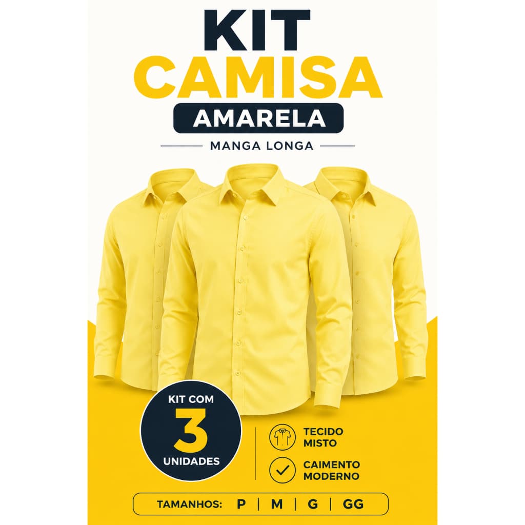 Kit 3 Camisa Amarela Masculina Social Manga Longa Para Trabalho Casamento Uniforme Escritorio P - GG