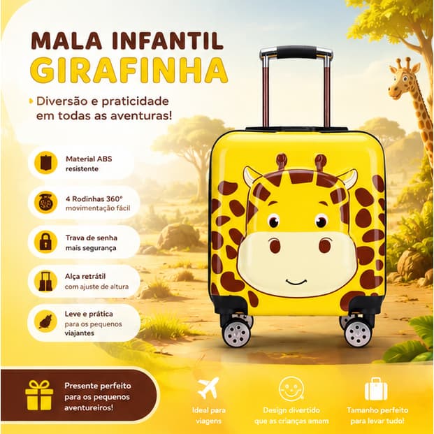 Mala Infantil Girafinha ABS Rígida Com Rodinhas 360° Viagem