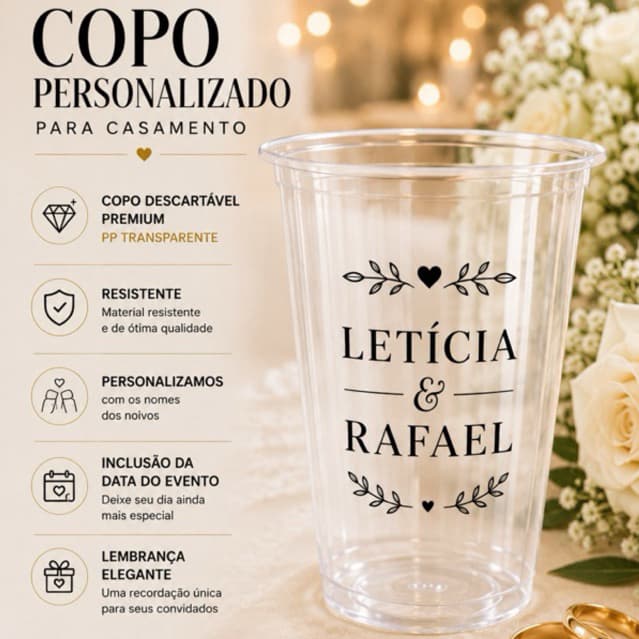 Copo Personalizado Casamento Noivado Bodas PP Transparente 300ml 60 100 150 200 300 Unidades
