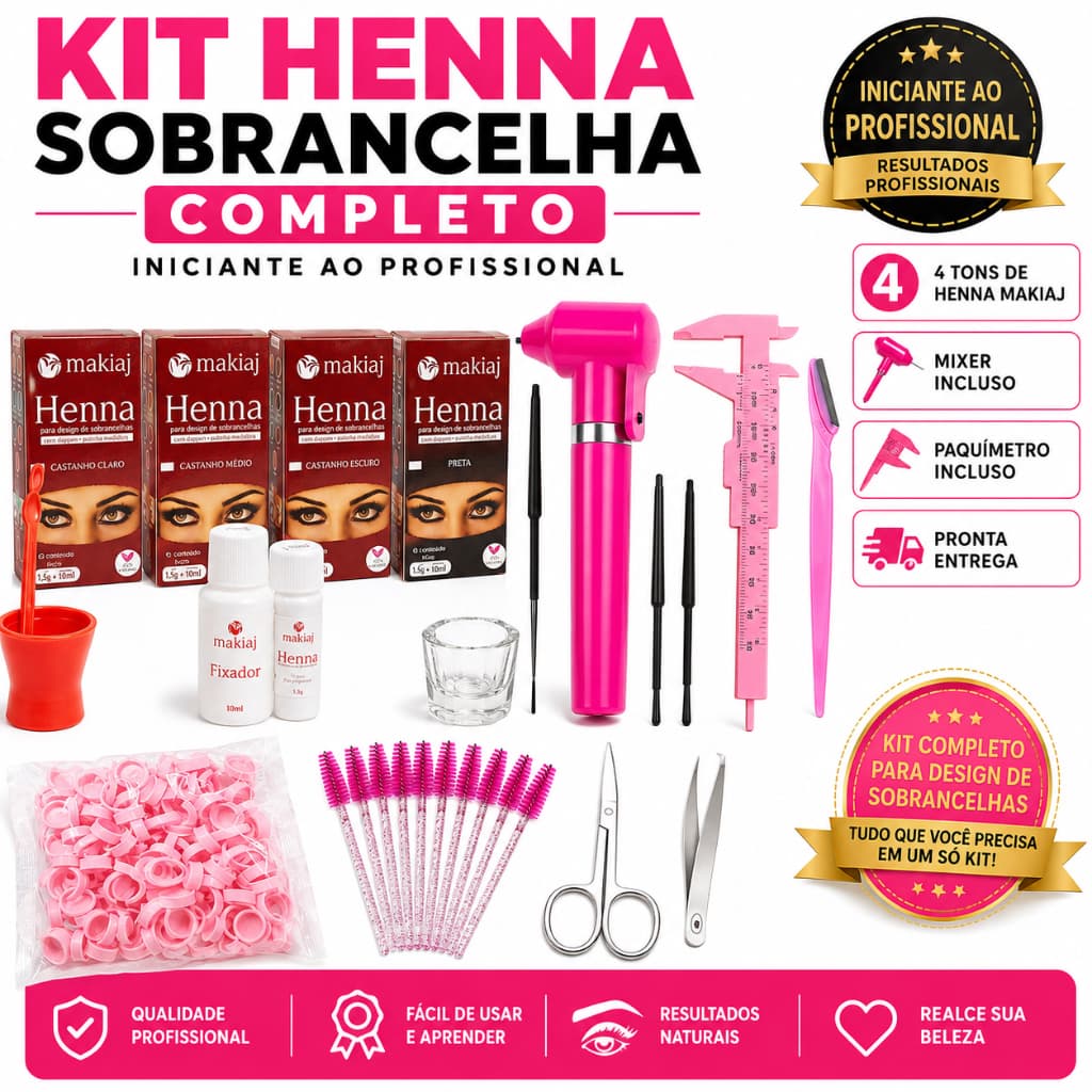 Kit design de sobrancelhas profissional completo. Com henna,mixer,paquímetro,escovinha,anel batoque