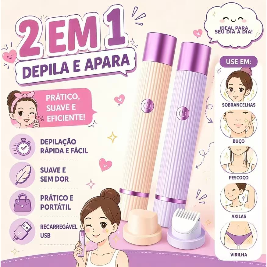 Depiladora Facial 2 em 1 Sem Dor Recarregável USB – Aparador de Sobrancelhas Portátil e Suave