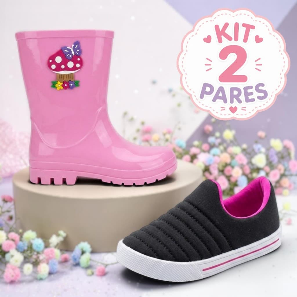 Kit 2 Pares Galocha Cano Alto e Calce Fácil Infantil Menina Leve e Delicado