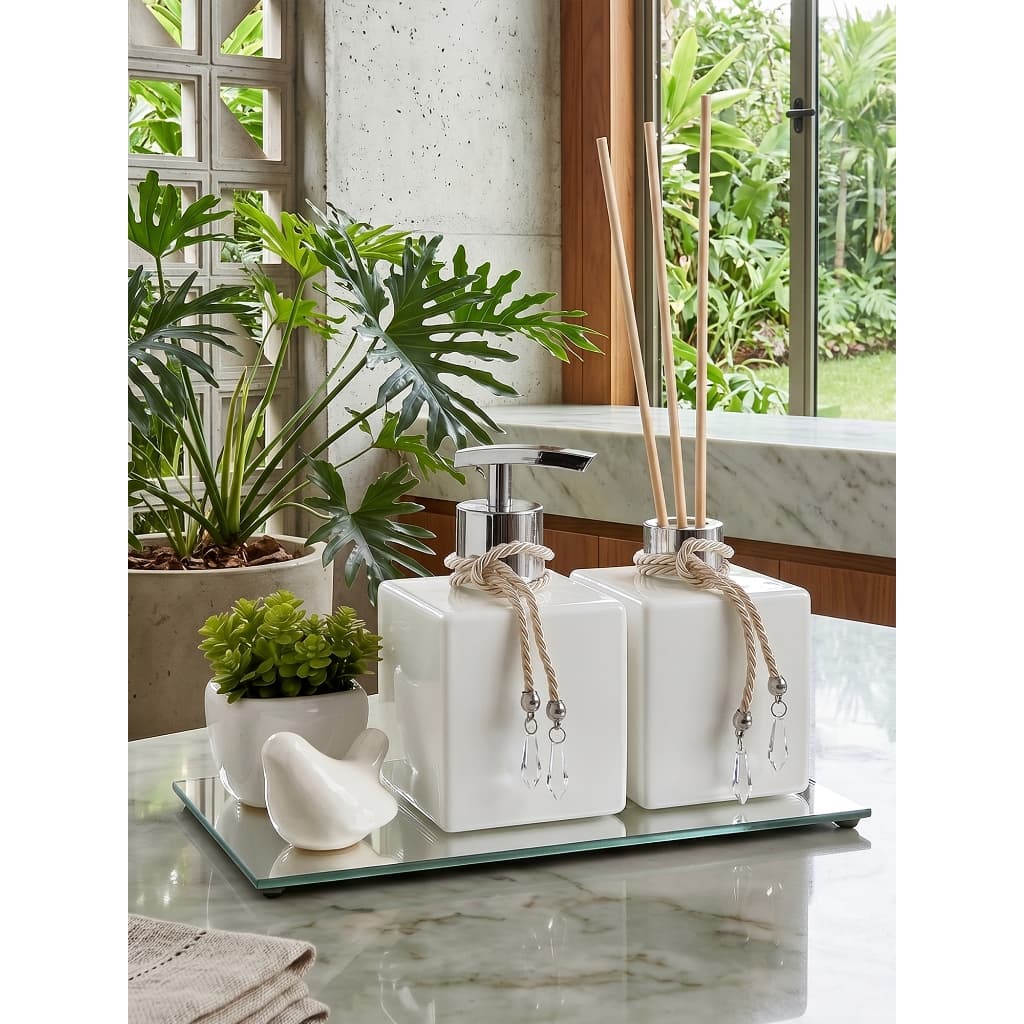 Kit Lavabo Luxo Difusor E Saboneteira Com Bandeja Liverpool Branco para Banheiro