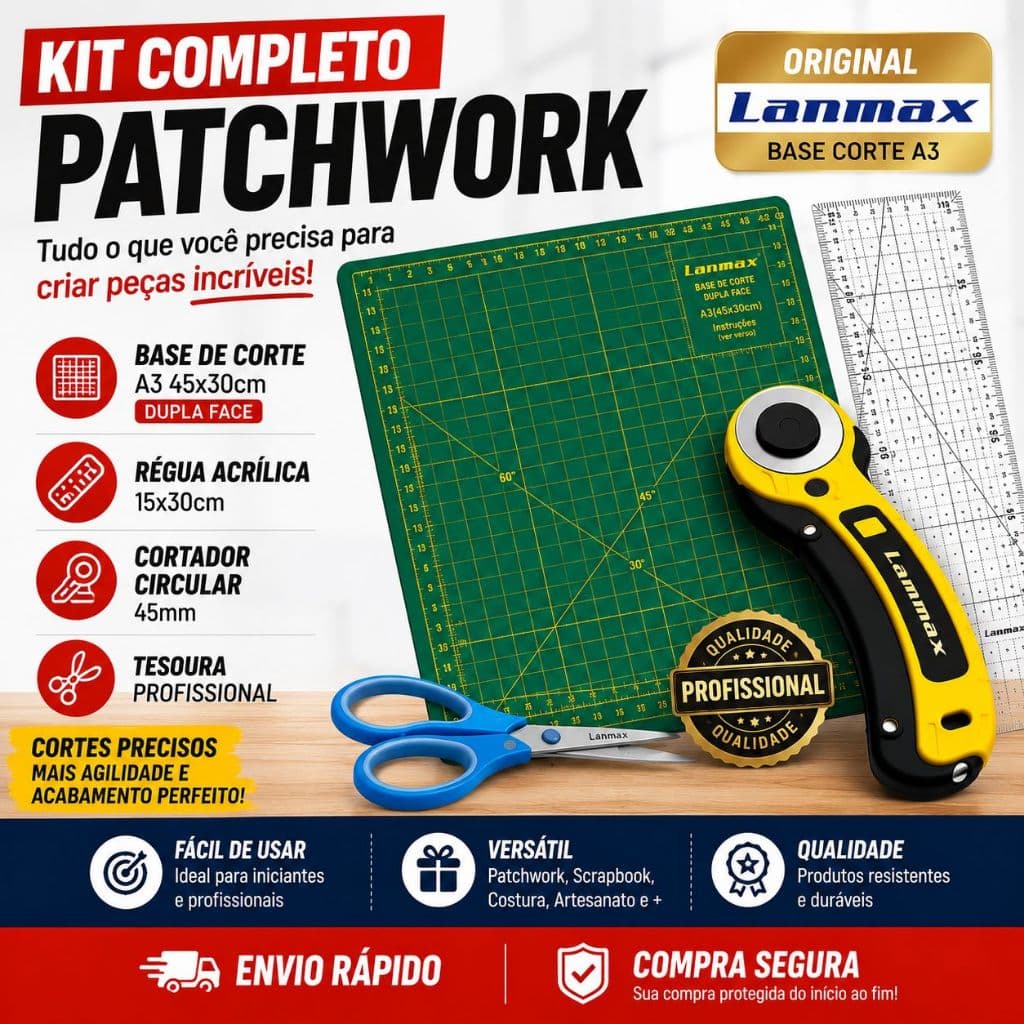 Kit Patchwork Lamax Base De Corte A3 45x30 + Cortador Circular + Régua + Tesoura Profissional Scrapbook Artesanato Costu