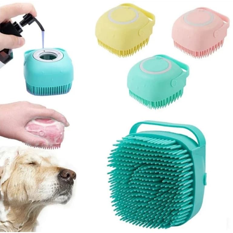 Escova de Banho Lava Pelo Pet Cachorro Gato Dispenser Shampoo silicone
