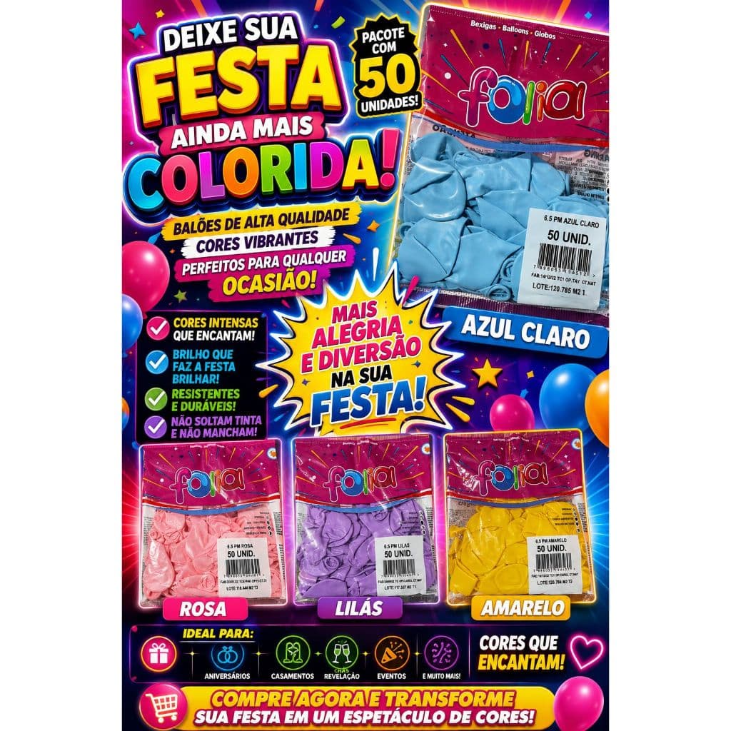 Balões folia 6.5 cores variadas -50 UNID. - Para Eventos Especiais