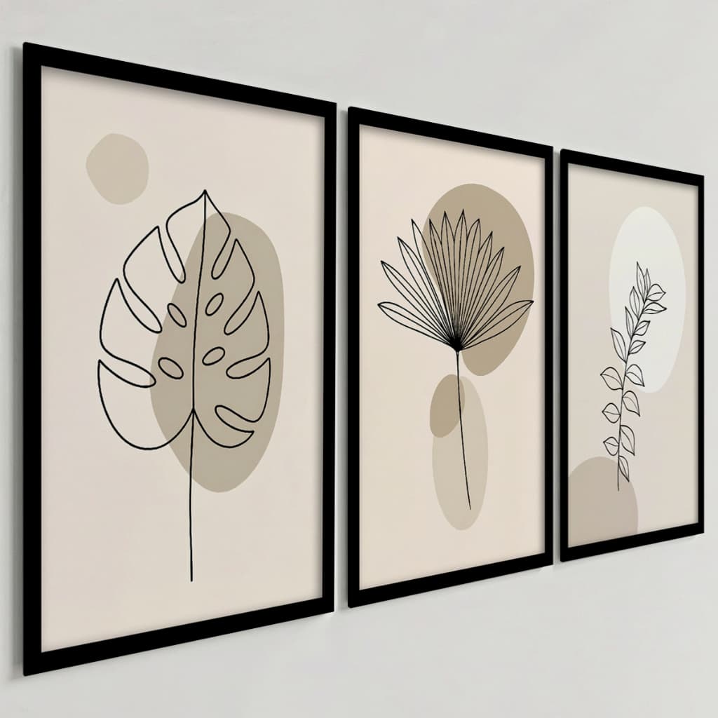 Kit 3 Quadros Decorativos Folhagens Tropicais Minimalistas Line Art Boho Moderno