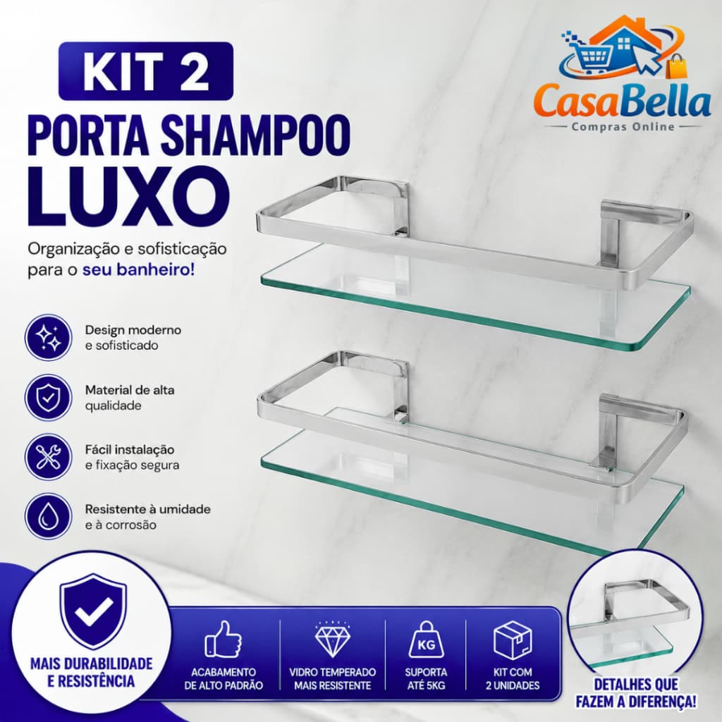 Kit com 2 Porta Shampoo Retangular Cromado Luxo Aço Premium Banheiro
