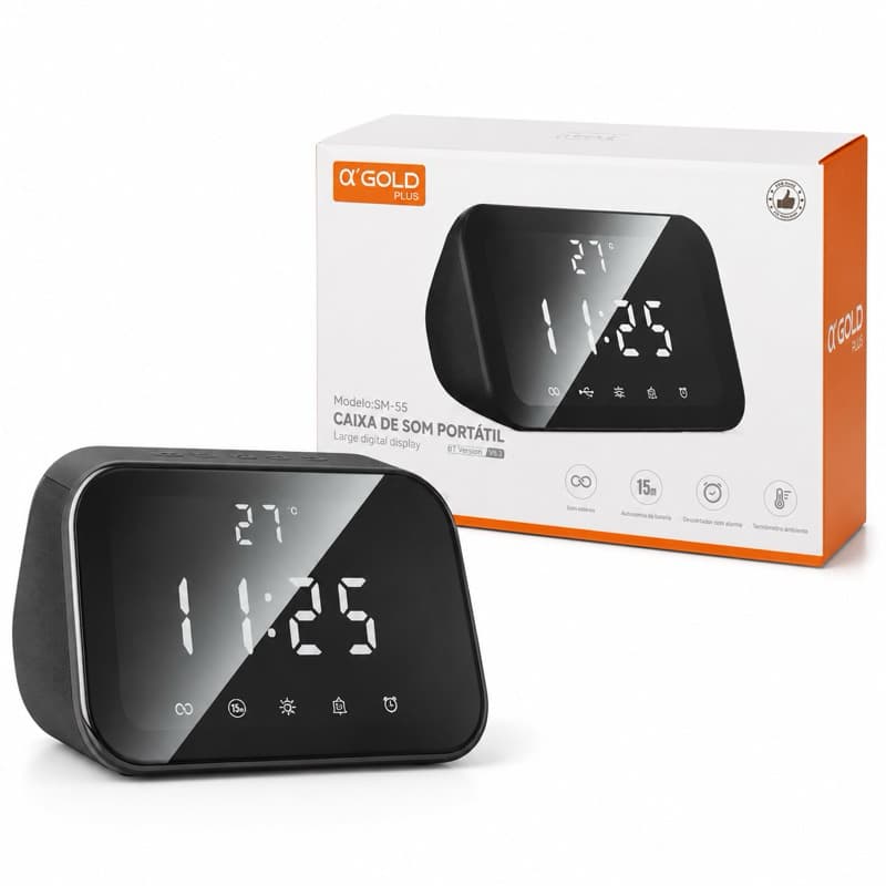 Caixa de Som A’Gold Plus SM-55 Bluetooth Portátil Speaker com Relógio Digital Alarme para Celular