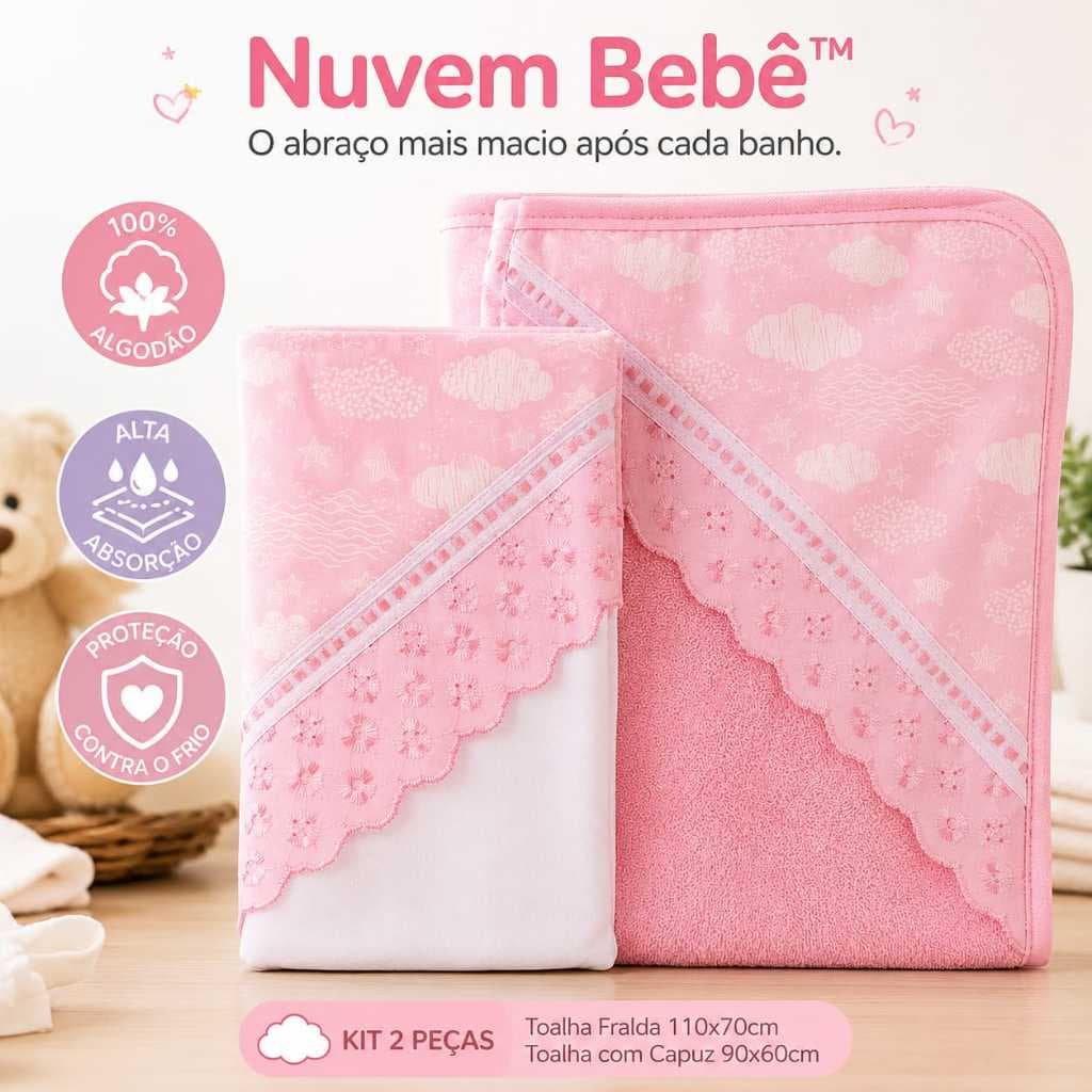 Kit Toalha de Banho Bebê 2 Peças 100% Algodão Macio grande,com Capuz 110×70 e Toalha Fralda 90×60-