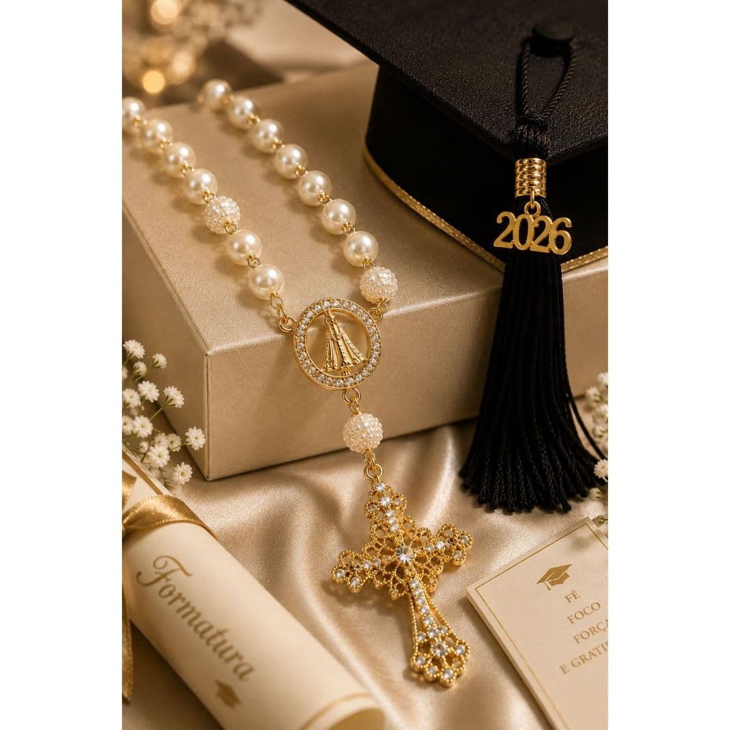 Terço Rosario De Noiva Banhado A Ouro Perolas Brancas Nossa Senhora Aparecida Presente Formatura Pré Wedding