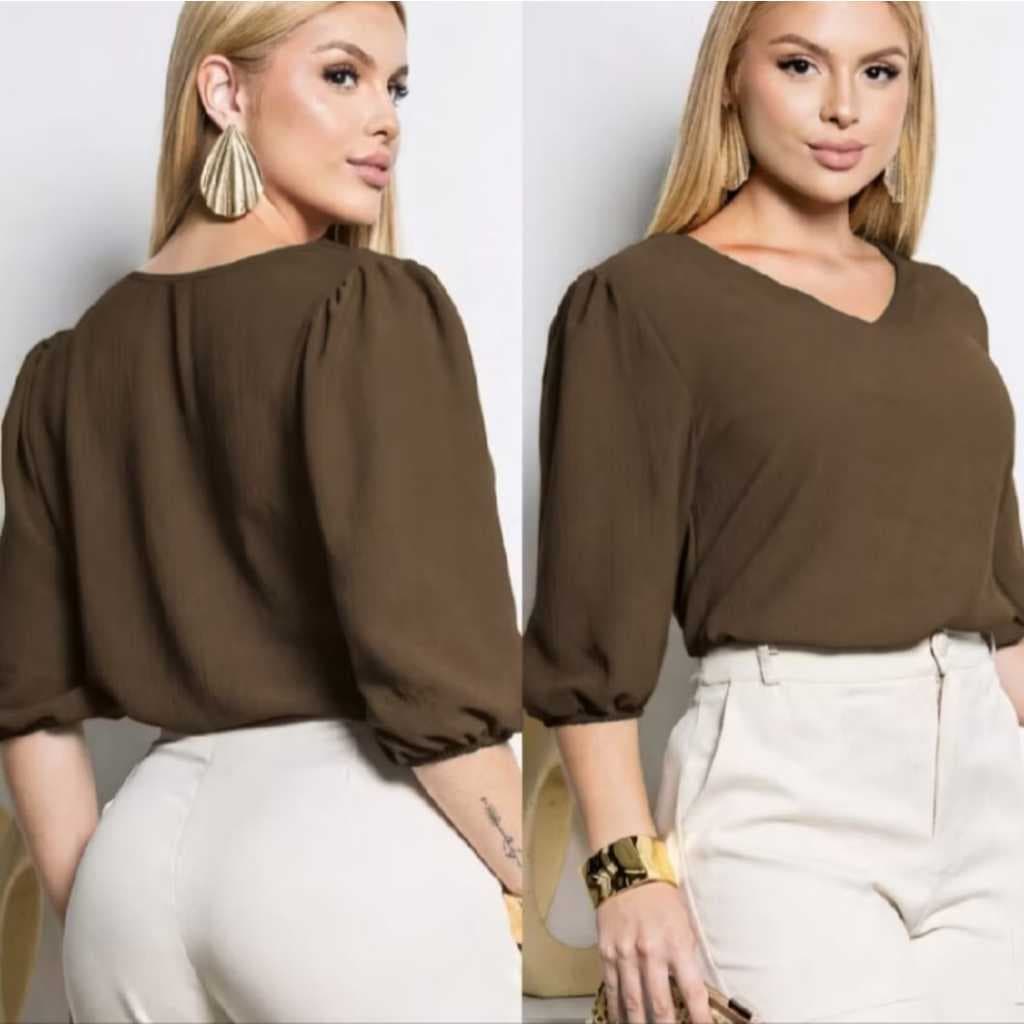 Blusa Feminina Manga 3/4 Social Básica Confortável